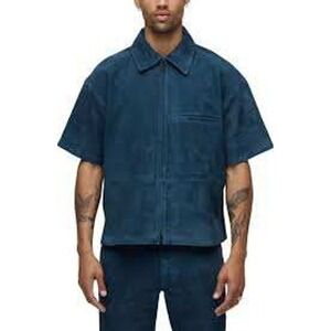 NWT Hudson Mens SS Zip Shirt Petrol Blue Suede Leather Short Sleeve Jacket SZ M